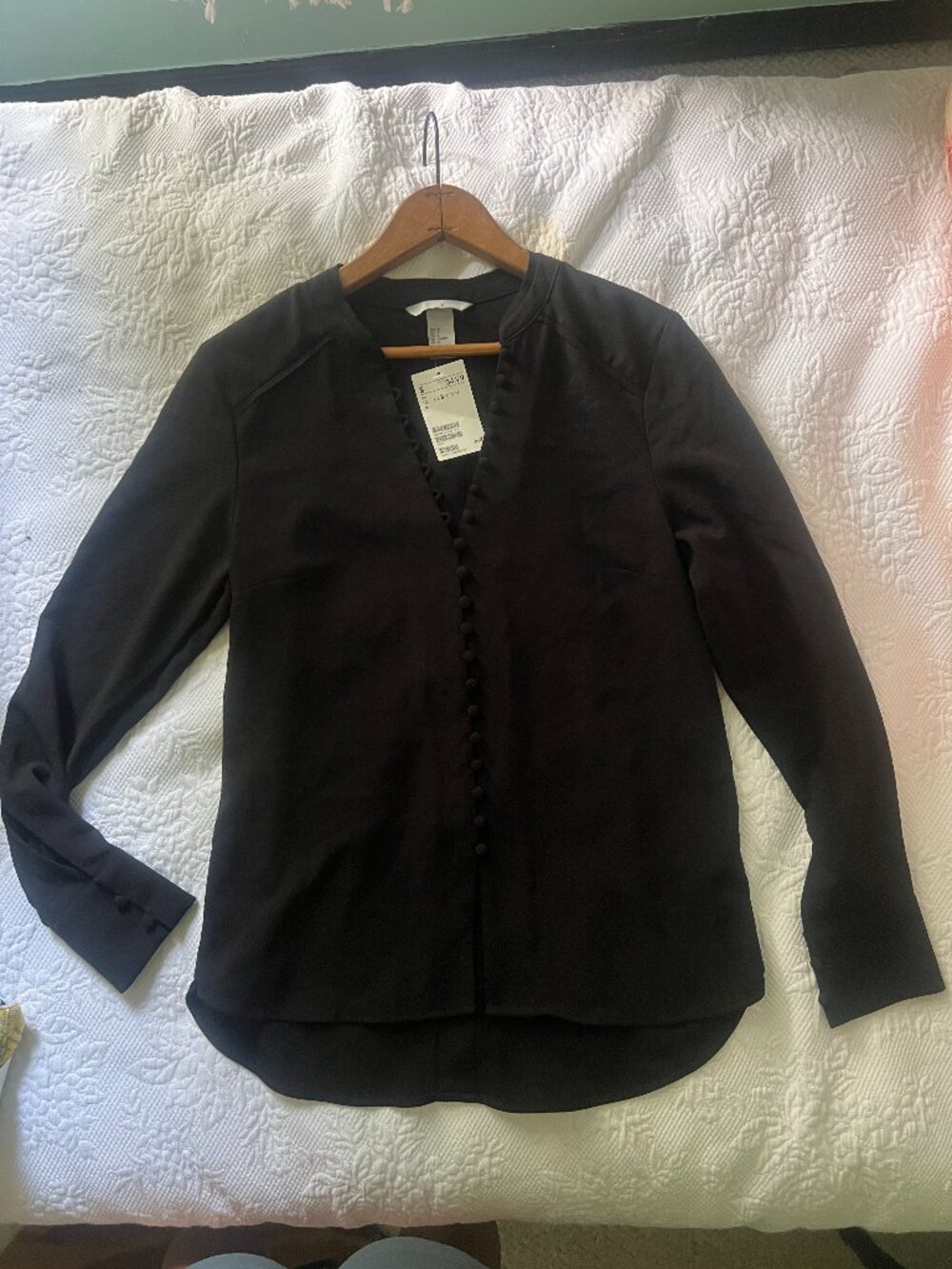 NWT H&M Black V-Neck Blouse with Fabric Covered Buttons